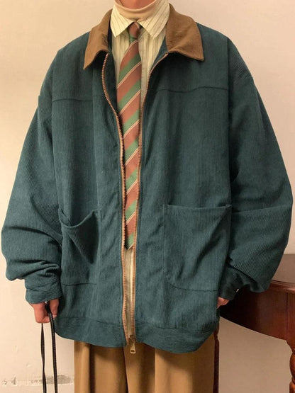 Men's ribbed zip jacket with contrast collar and front patch pockets