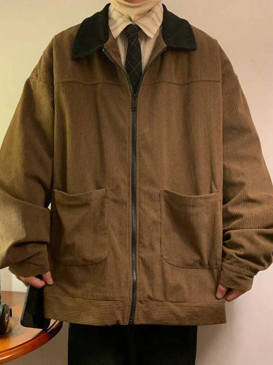 Men's ribbed zip jacket with contrast collar and front patch pockets