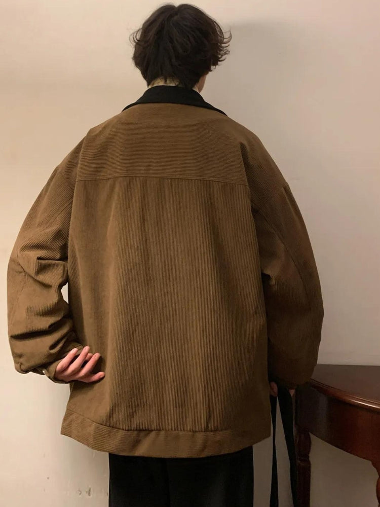Men's ribbed zip jacket with contrast collar and front patch pockets
