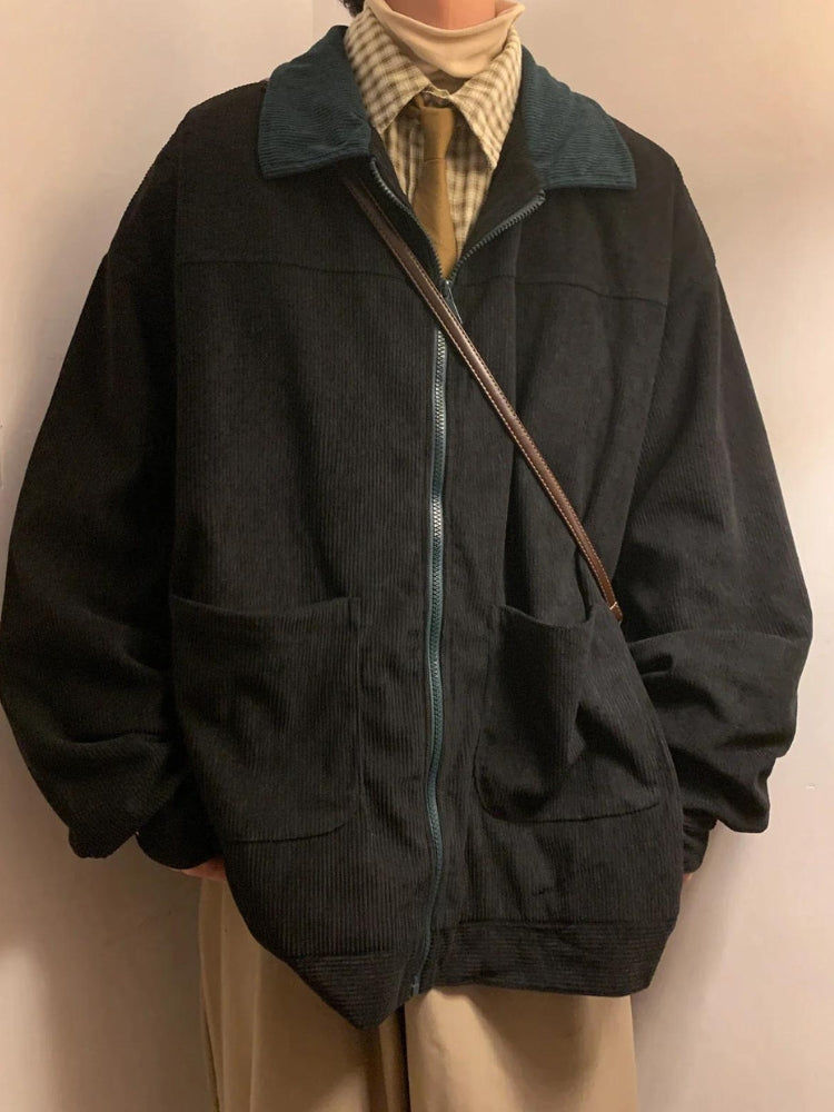 Men's ribbed zip jacket with contrast collar and front patch pockets