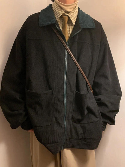 Men's ribbed zip jacket with contrast collar and front patch pockets