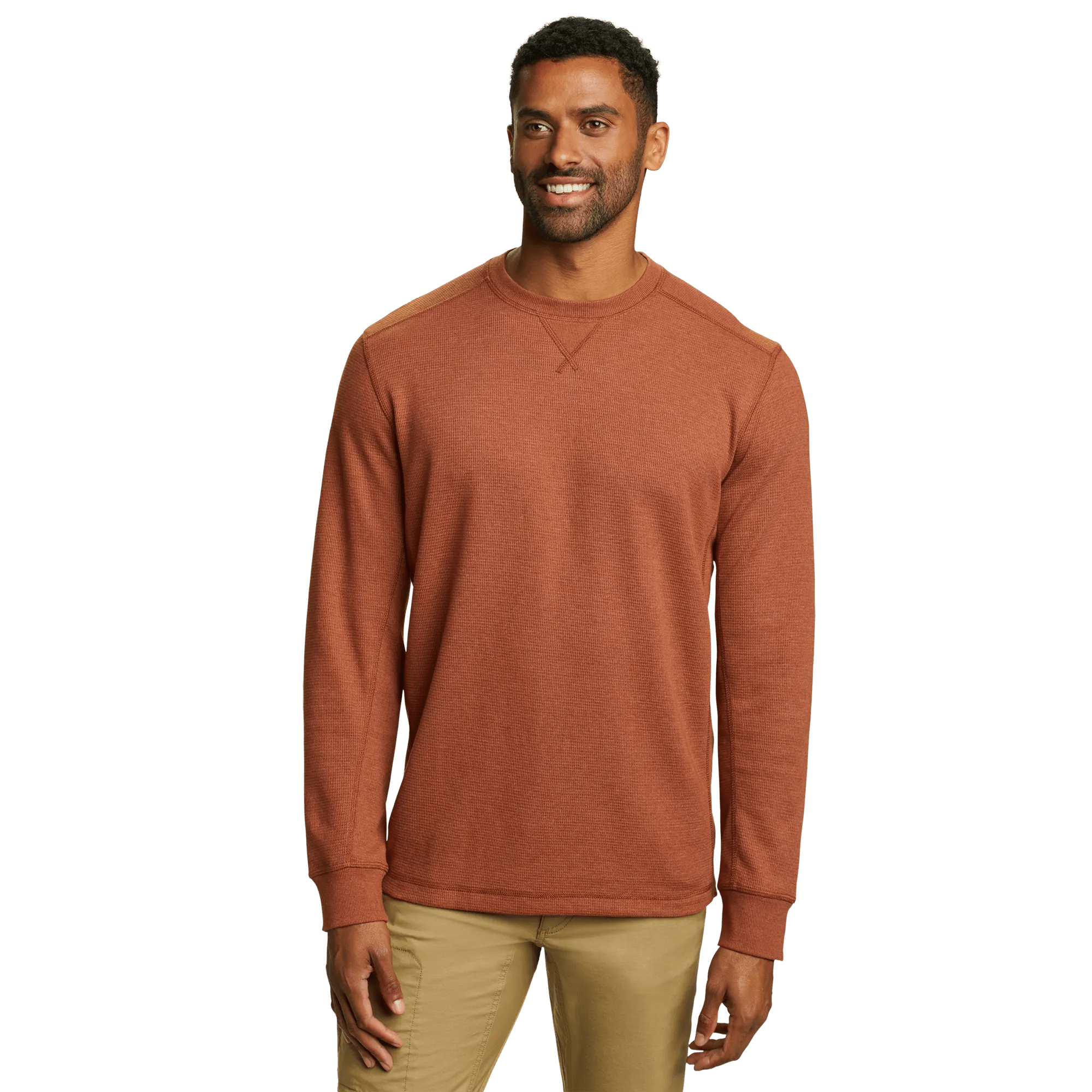 Men's crew neck long sleeve top with fine ribbed texture and ribbed cuffs