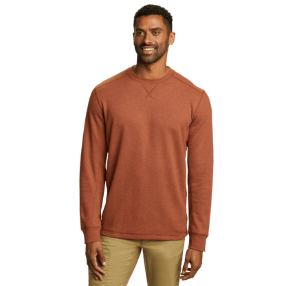 Men's crew neck long sleeve top with fine ribbed texture and ribbed cuffs
