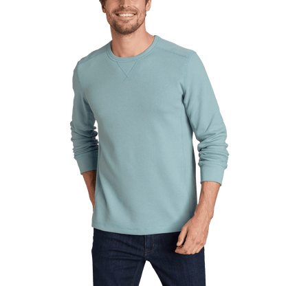 Men's crew neck long sleeve top with fine ribbed texture and ribbed cuffs