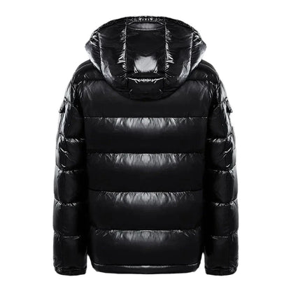 Black men's hooded puffer jacket with quilted panels and zip pockets