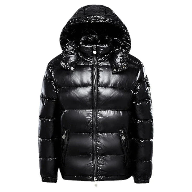 Black men's hooded puffer jacket with quilted panels and zip pockets