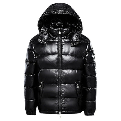 Black men's hooded puffer jacket with quilted panels and zip pockets