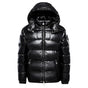 Black men's hooded puffer jacket with quilted panels and zip pockets