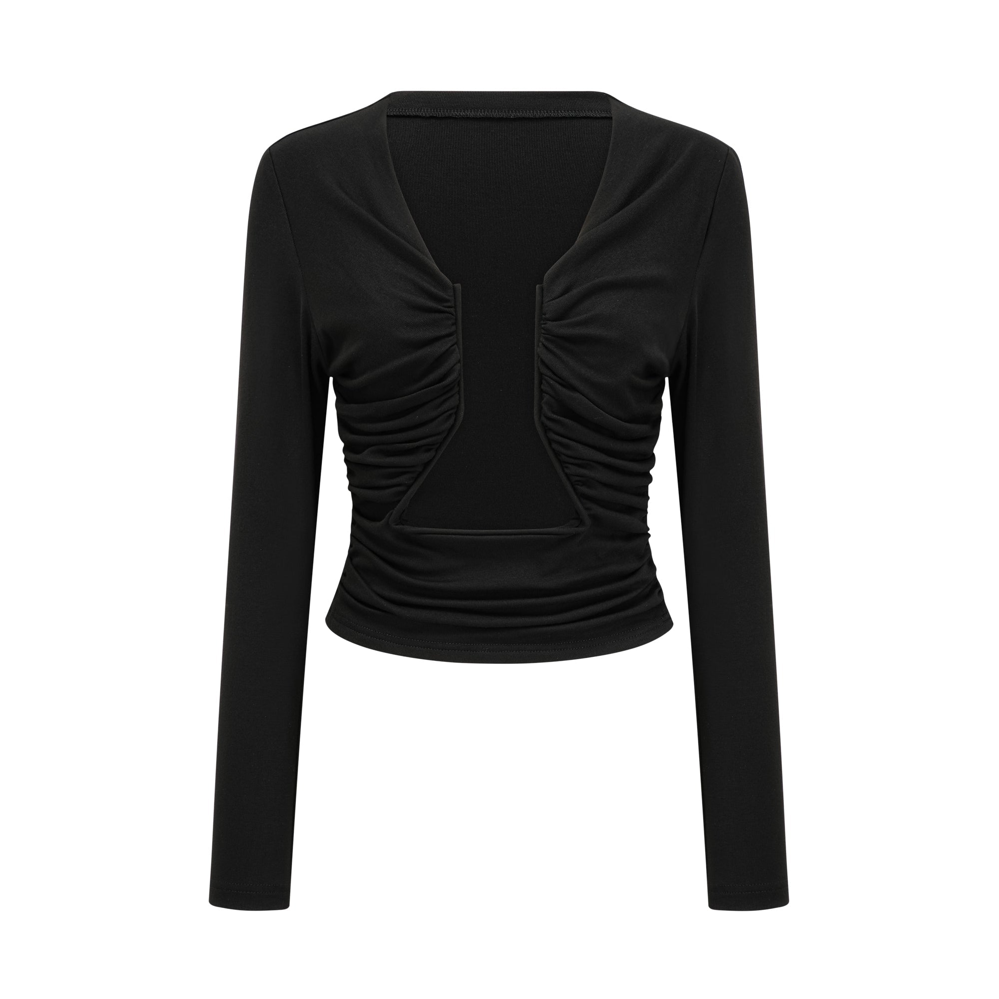 Women's black long sleeve fitted crop top with gathered ruching and open front cutout