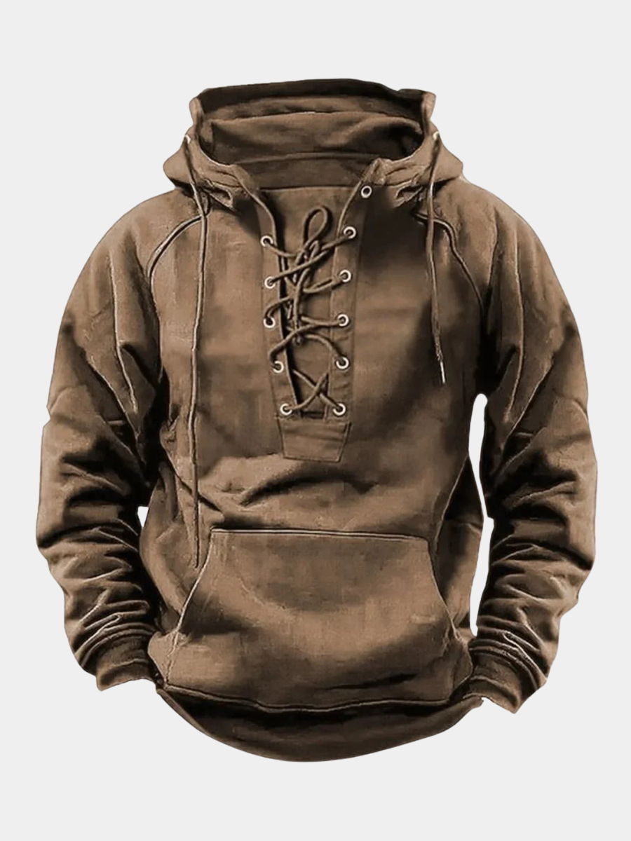 Men's long-sleeved lace-up hoodie with hood and kangaroo pocket