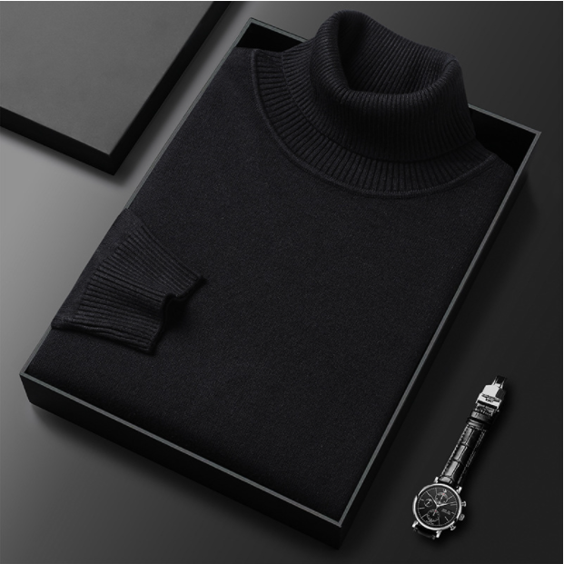 Solid ribbed turtleneck sweater folded in a presentation box
