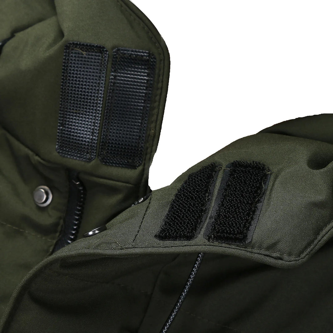 Men's long hooded puffer coat with quilted panels and zip front