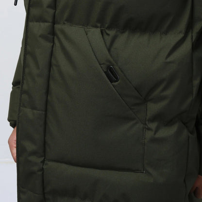 Men's long hooded puffer coat with quilted panels and zip front