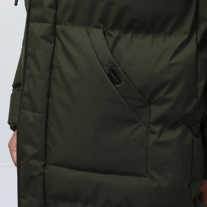 Men's long hooded puffer coat with quilted panels and zip front