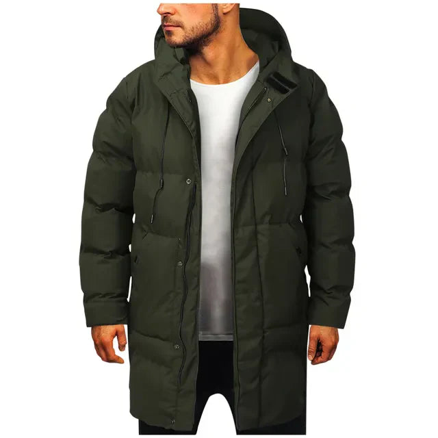 Men's long hooded puffer coat with quilted panels and zip front