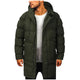 Men's long hooded puffer coat with quilted panels and zip front