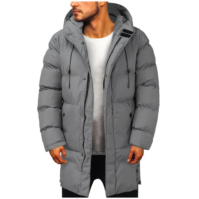 Men's long hooded puffer coat with quilted panels and zip front