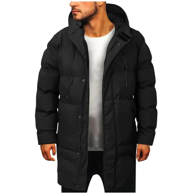 Men's long hooded puffer coat with quilted panels and zip front