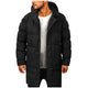 Men's long hooded puffer coat with quilted panels and zip front