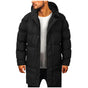 Men's long hooded puffer coat with quilted panels and zip front