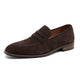 Men's dark brown and navy suede loafer with penny strap detail and stacked heel