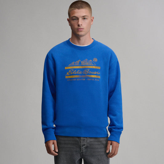 Men's blue crew-neck sweatshirt with mountain and script chest graphic