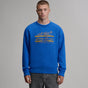 Men's blue crew-neck sweatshirt with mountain and script chest graphic