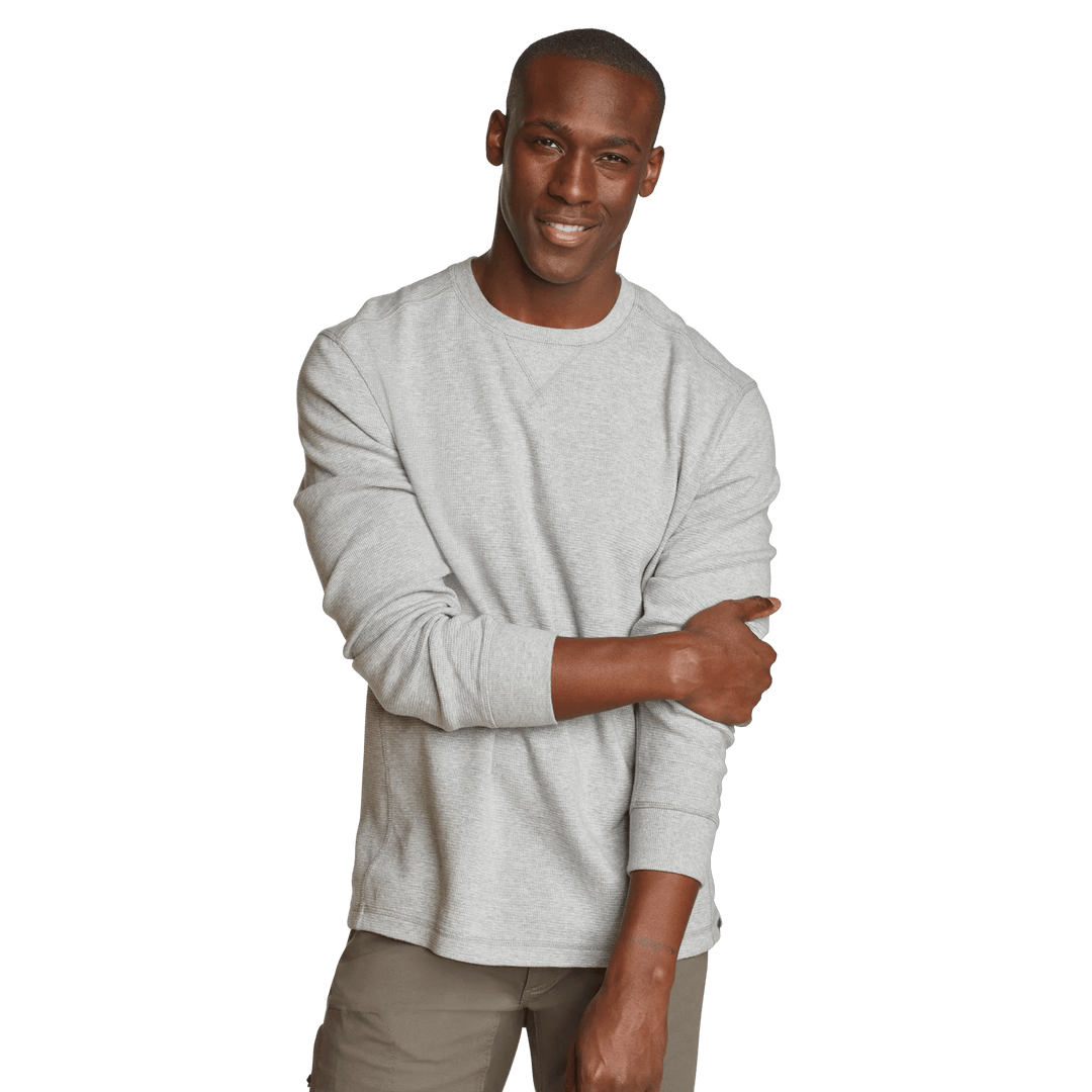 Men's crew neck long sleeve top with fine ribbed texture and ribbed cuffs