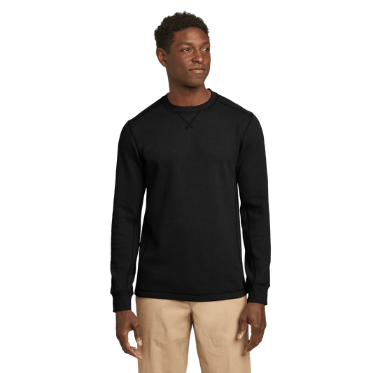 Men's crew neck long sleeve top with fine ribbed texture and ribbed cuffs