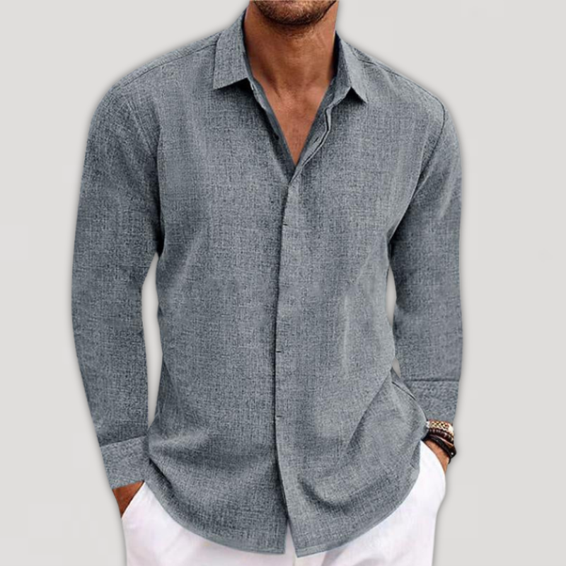 Men's Long Sleeve Linen Shirt, Button-Down Breathable Cotton Blend Summer Shirt with Lapel Collar