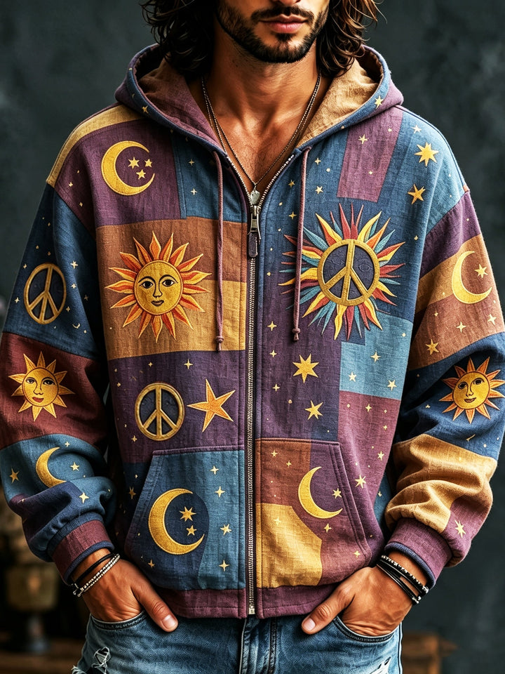 Men's multicoloured patchwork hoodie with celestial sun, moon, star and peace motifs