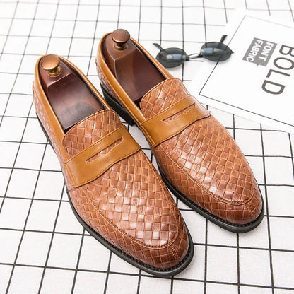Men's woven slip-on loafers with almond toes and flat soles