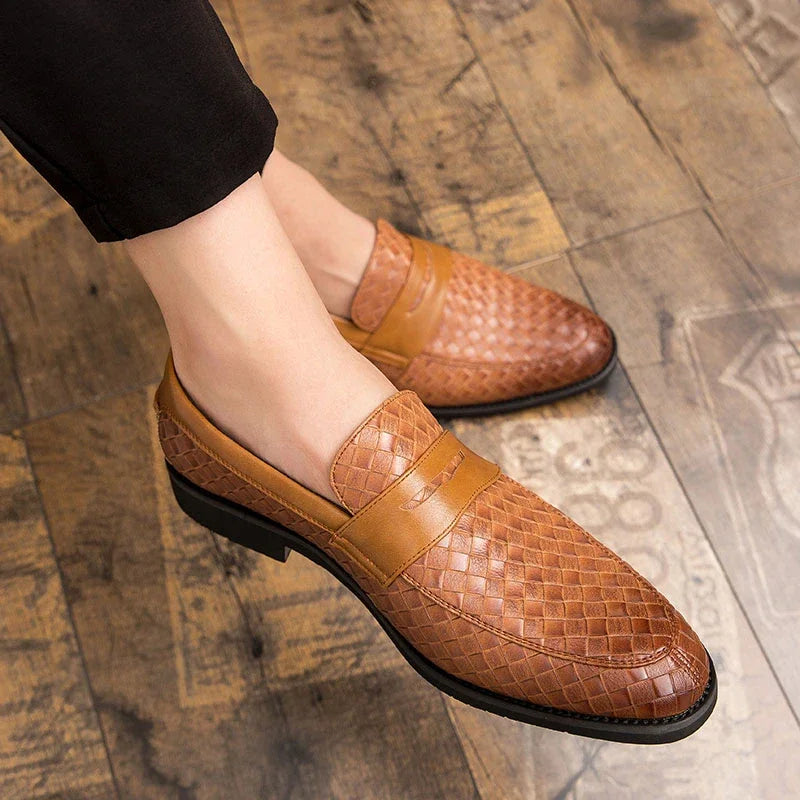 Men's woven slip-on loafers with almond toes and flat soles