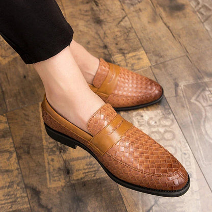 Men's woven slip-on loafers with almond toes and flat soles