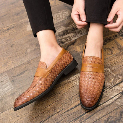 Men's woven slip-on loafers with almond toes and flat soles