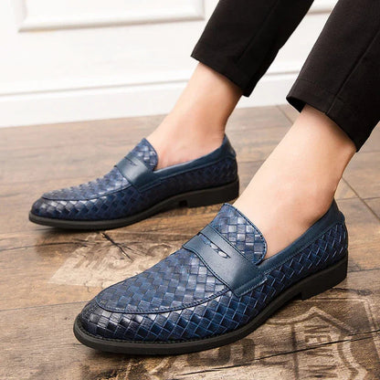 Men's woven slip-on loafers with almond toes and flat soles