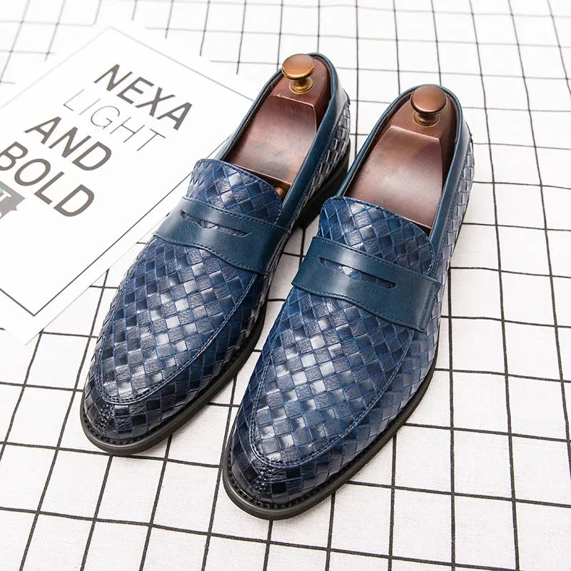 Men's woven slip-on loafers with almond toes and flat soles