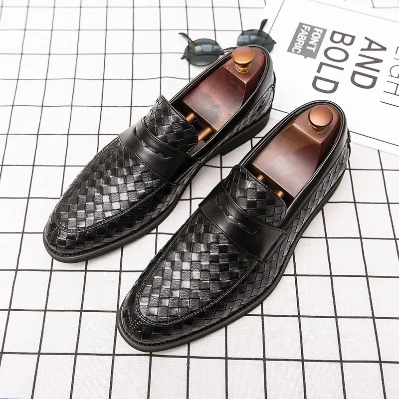 Men's woven slip-on loafers with almond toes and flat soles