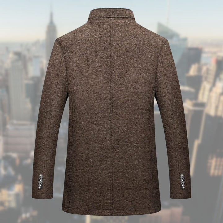 Men's long-sleeved button coat with stand collar and front pockets