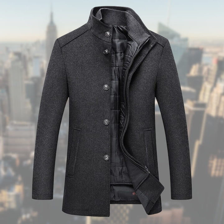 Men's long-sleeved button coat with stand collar and front pockets