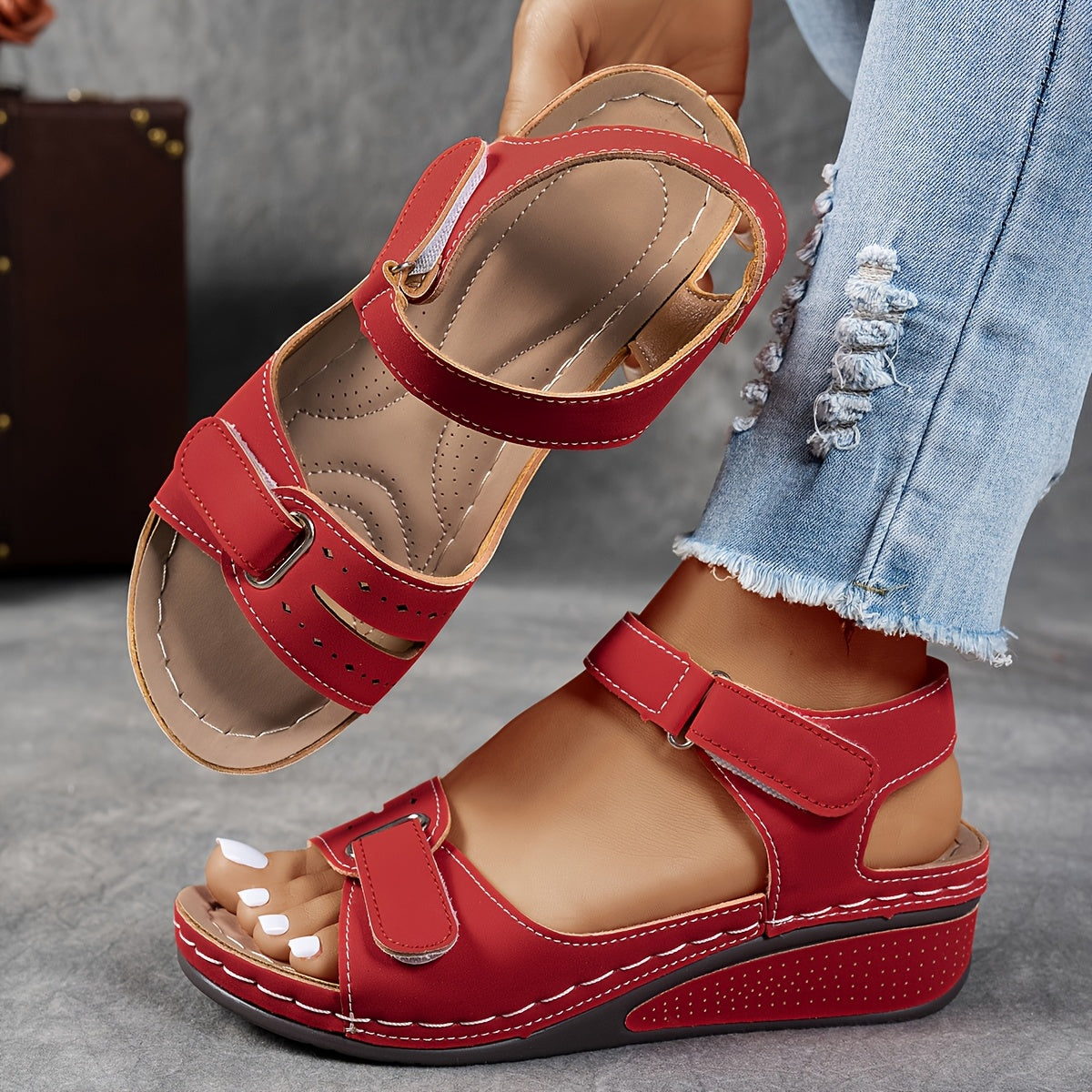 Women's platform sandals with adjustable velcro straps in charcoal and red