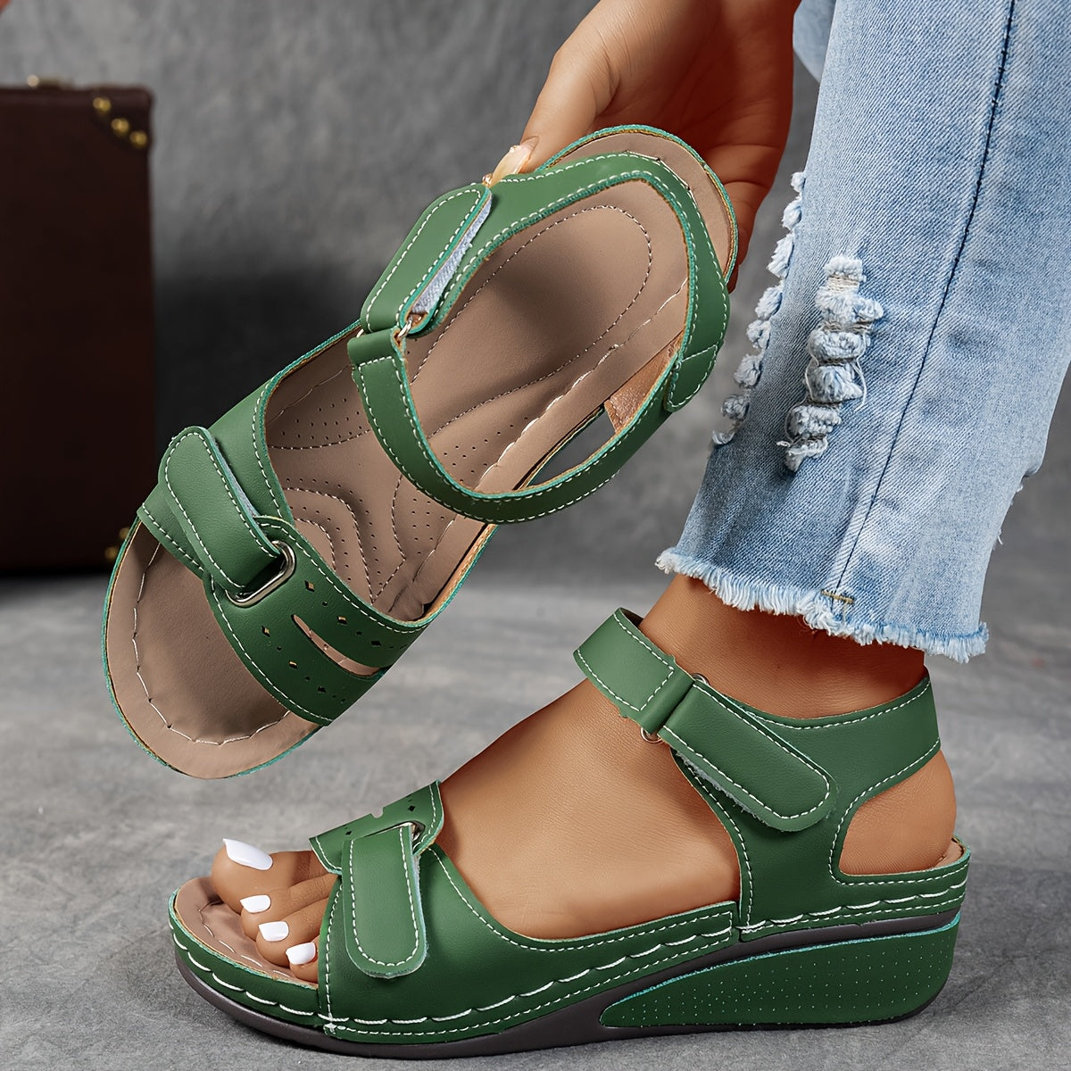 Women's platform sandals with adjustable velcro straps in charcoal and red