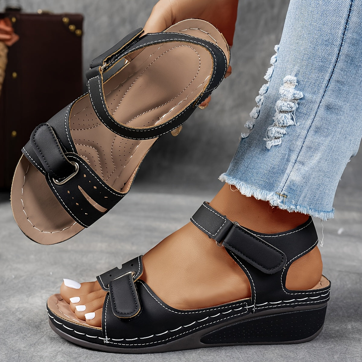Women's platform sandals with adjustable velcro straps in charcoal and red