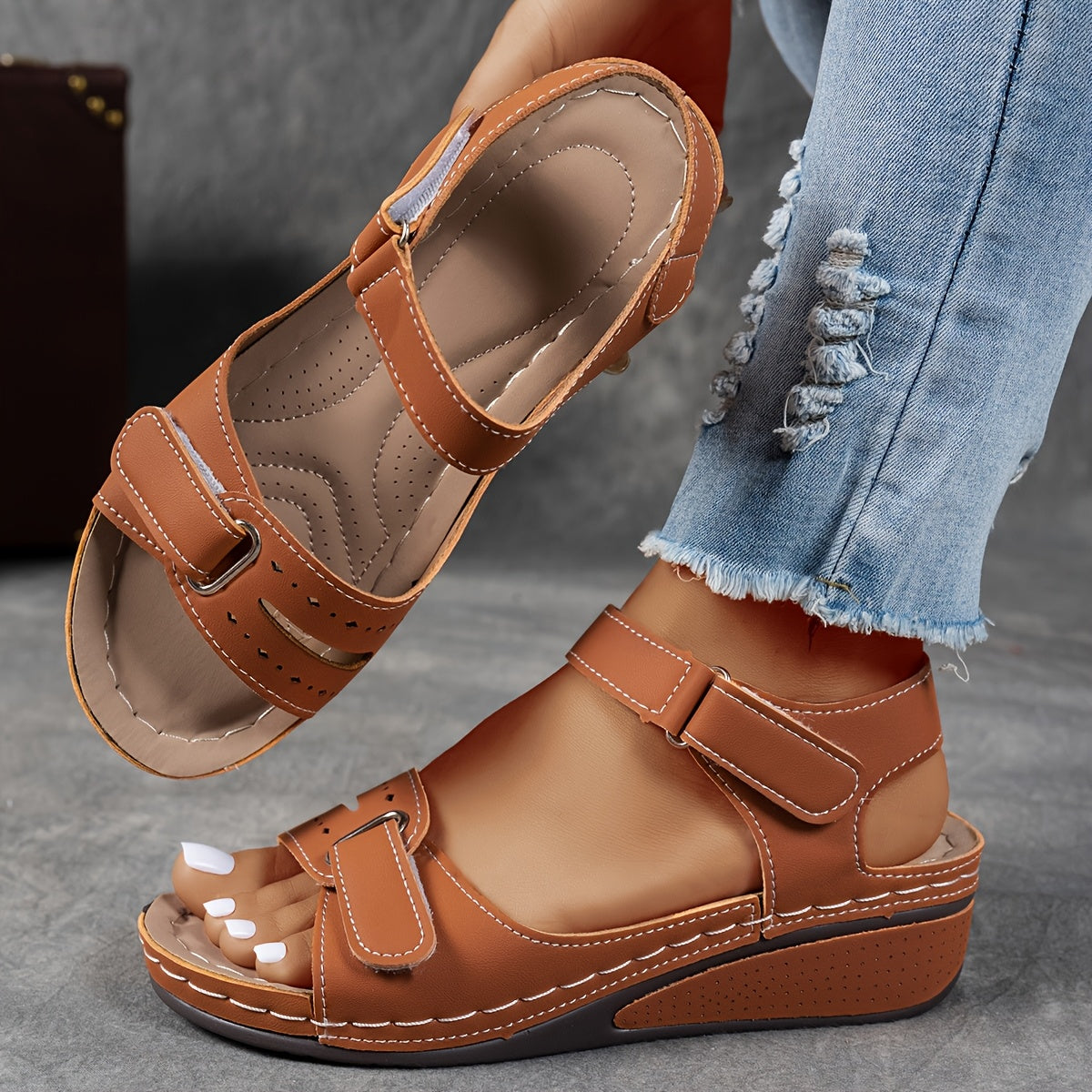 Women's platform sandals with adjustable velcro straps in charcoal and red