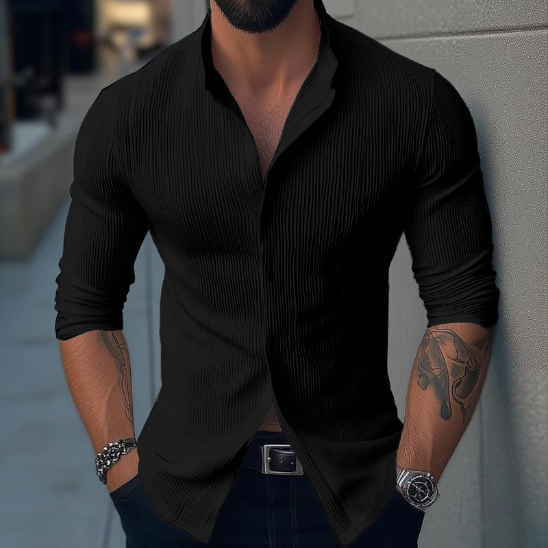 Men's Ribbed Texture Shirt, Slim Fit Long Sleeve Button-Up