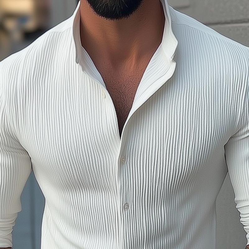 Men's Ribbed Texture Shirt, Slim Fit Long Sleeve Button-Up