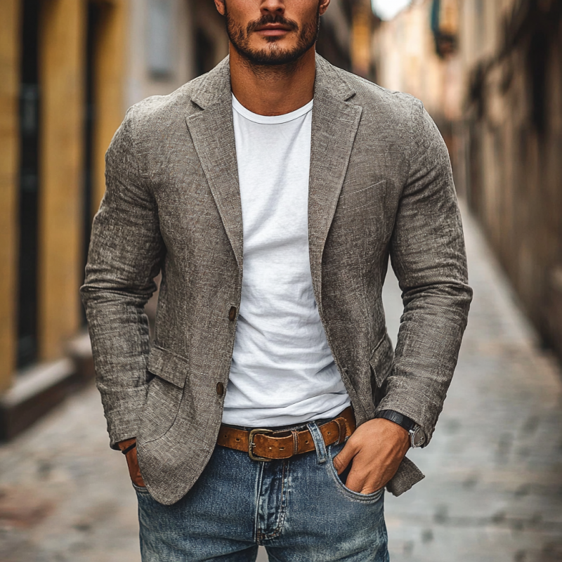 Men's Slub Texture Blazer, Notch Lapel, Two Button Front