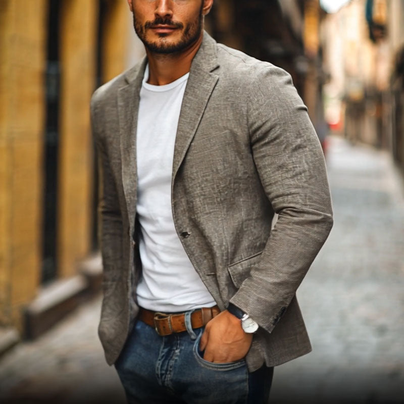 Men's Slub Texture Blazer, Notch Lapel, Two Button Front