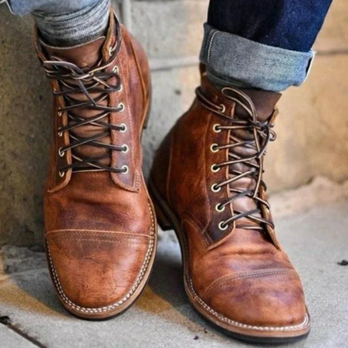 Men's brown leather lace-up ankle boots with round toe