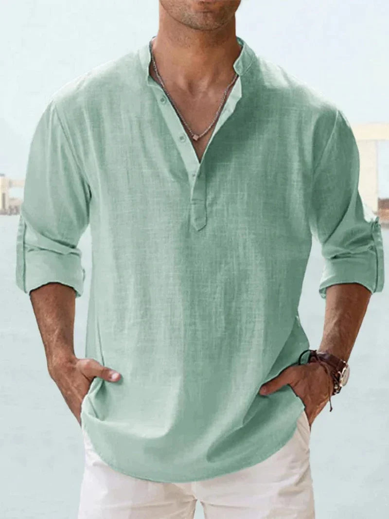 Men's Linen Shirt, Open Collar Relaxed Fit Lightweight Smart Casual Summer Shirt
